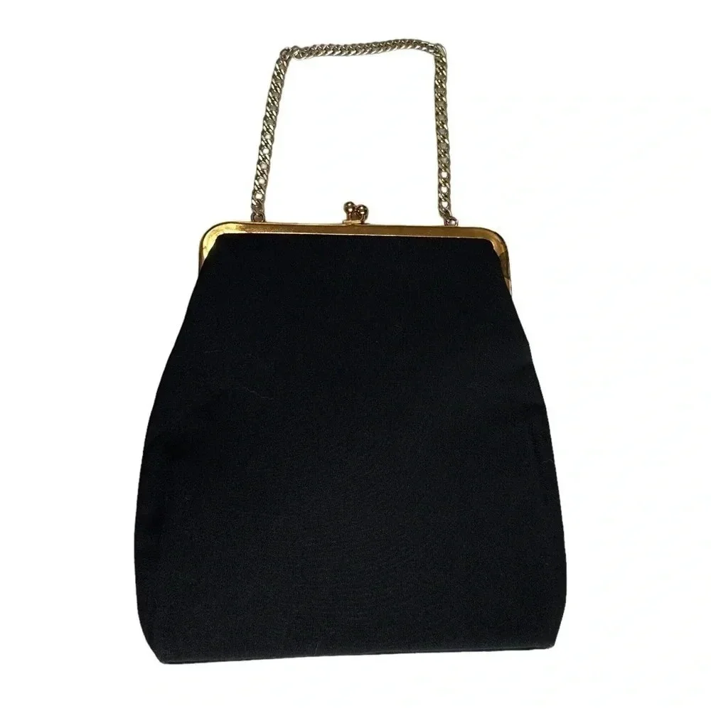 Vintage Handbag and Gloves Set OS Black Velvet‎ Gold Chain Kiss Lock Embroidered